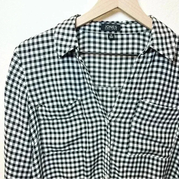 Jones New York Women's Front Tie Button Down Gingham Blouse Size Medium - Picture 5 of 13